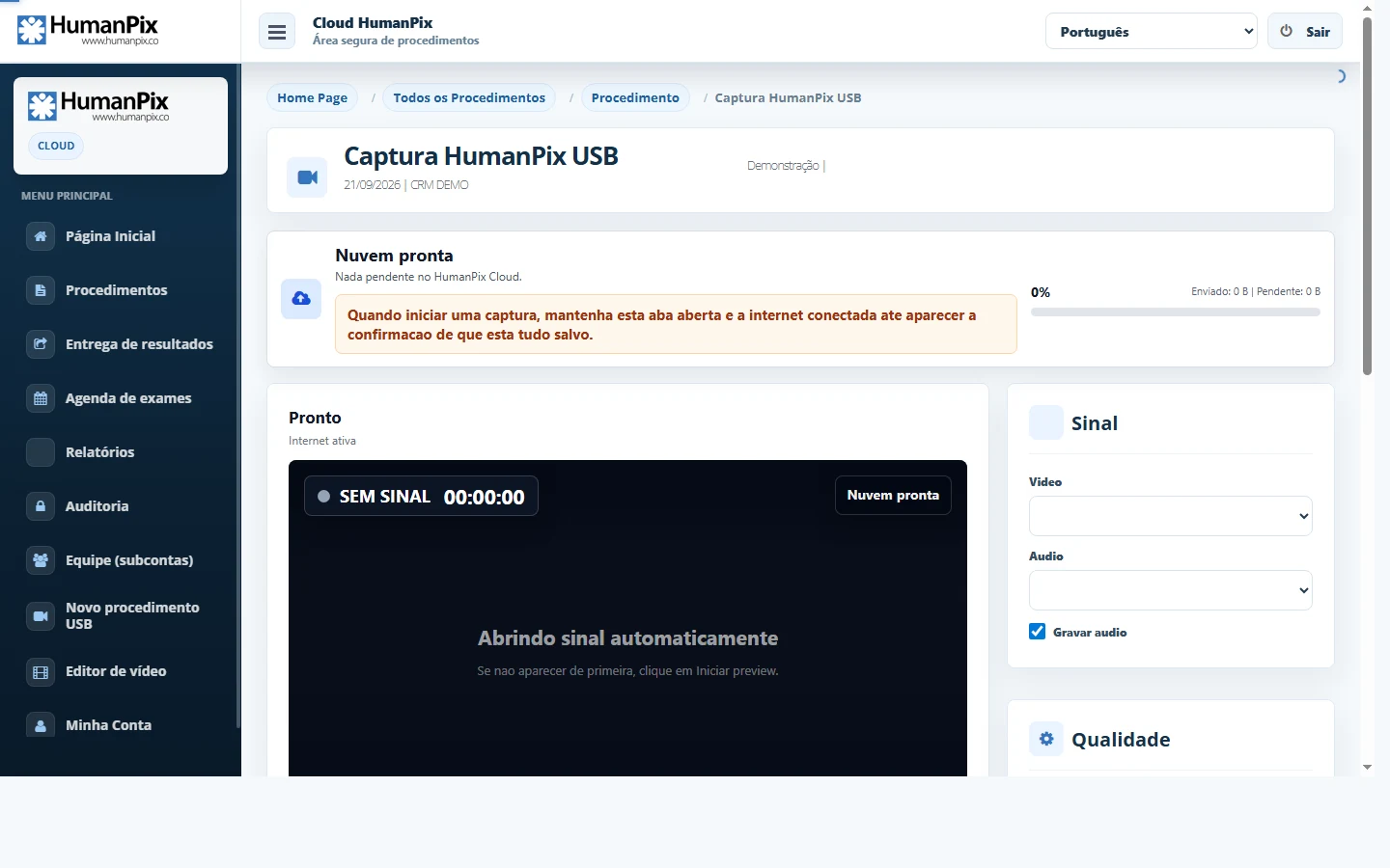 Tela de captura pelo navegador do HumanPix Cloud