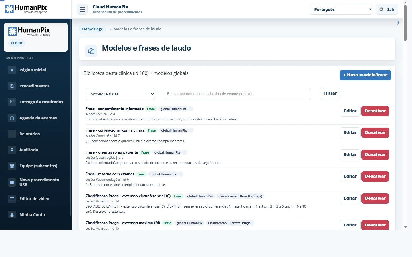 Biblioteca de modelos e frases de laudo no HumanPix, com frases da cl&iacute;nica e do pacote, os bot&otilde;es Editar e Desativar e o bot&atilde;o Novo modelo/frase