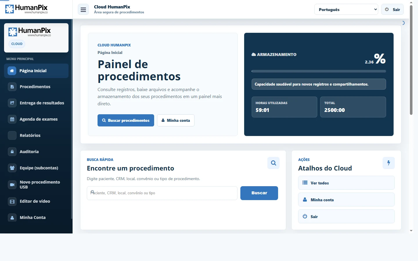 Painel real do HumanPix Cloud com espaço de armazenamento, horas utilizadas e busca de procedimentos