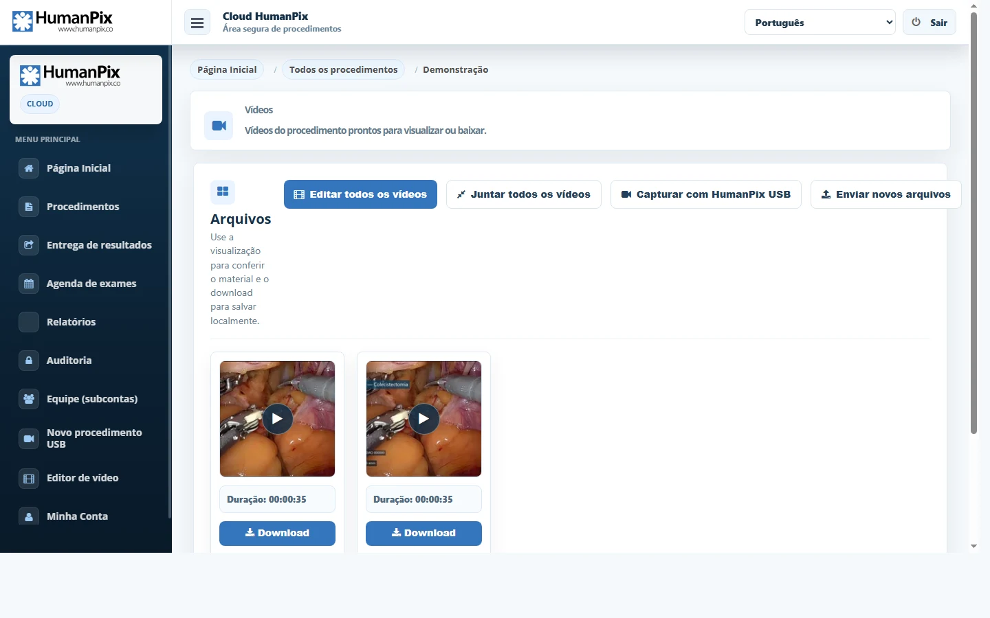 Vídeos do exame no HumanPix Cloud, com download e ações de edição