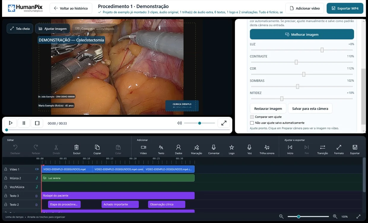 Editor de v&iacute;deo do HumanPix com o painel Comentar com c&acirc;mera aberto e os controles Luz, Contraste, Cor, Sombras e Nitidez do coment&aacute;rio sobre o v&iacute;deo
