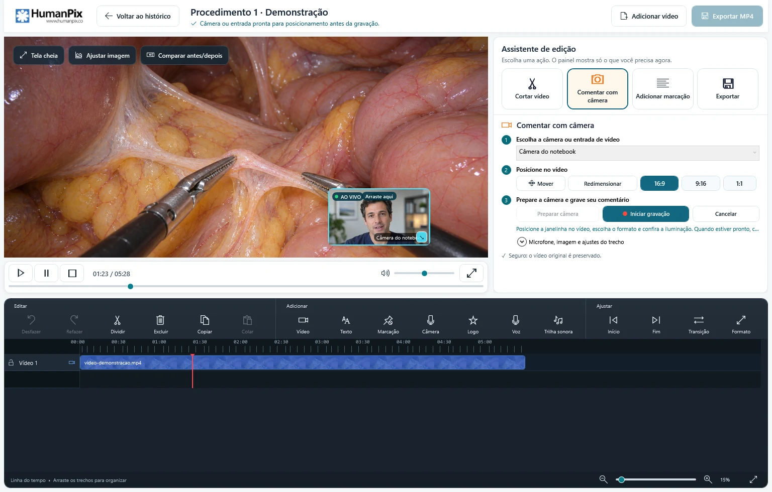 Editor HumanPix para Windows com procedimento laparoscópico e apresentador fictício em uma janela PiP sobre o vídeo