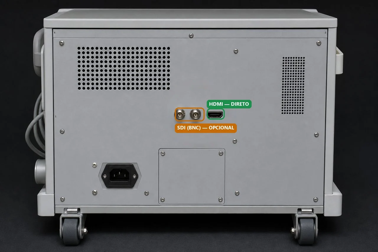 Traseira de unidade de arco cirúrgico com conectores BNC SDI e HDMI destacados