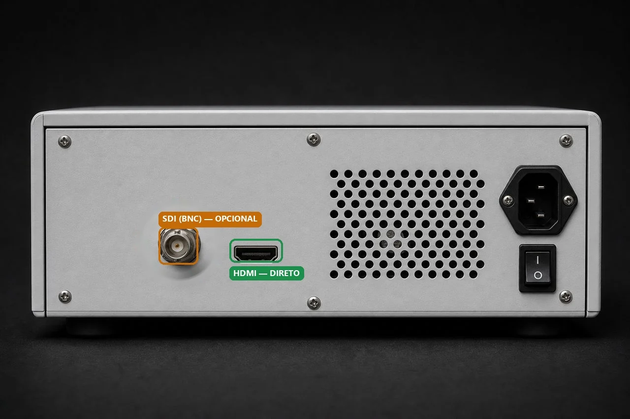 Traseira de unidade de microscópio cirúrgico com conector BNC SDI destacado