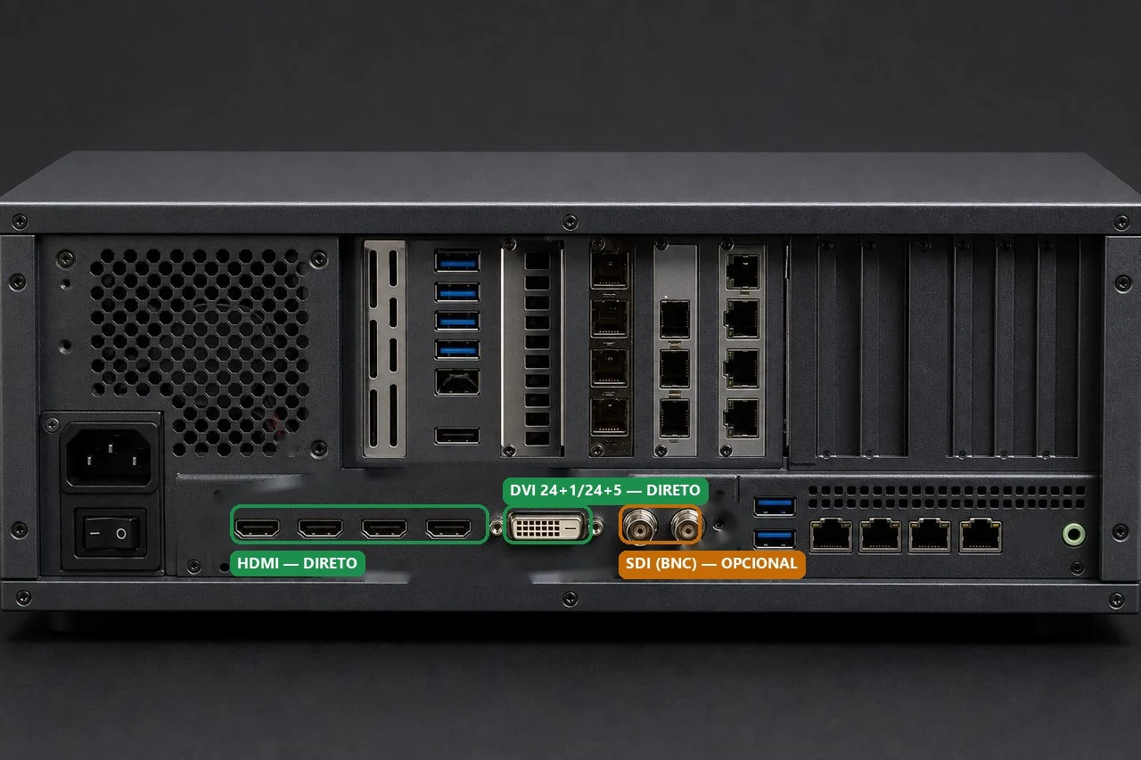 Traseira de processador de visão de robô cirúrgico com HDMI, DVI e BNC SDI destacados