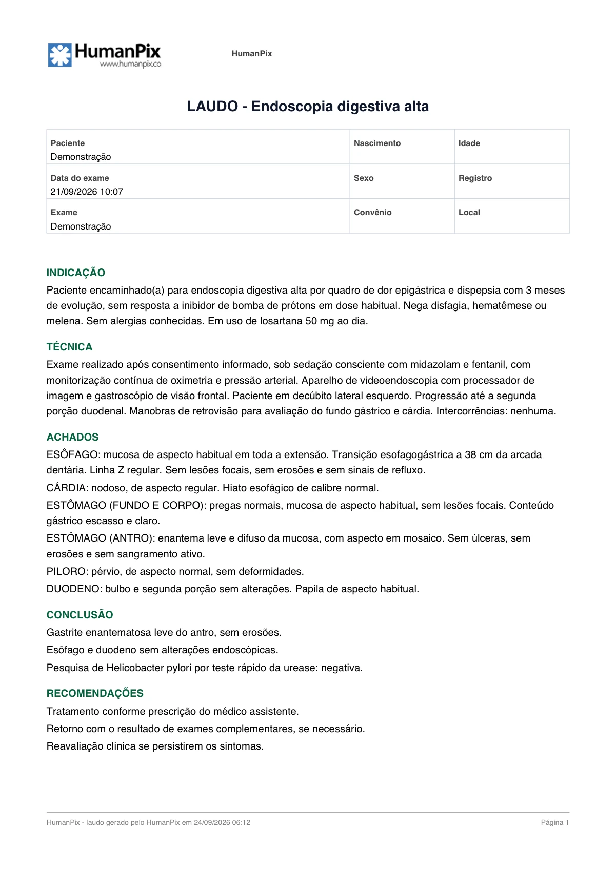 Laudo exportado em PDF com a logo da clínica, os dados do paciente e as seções